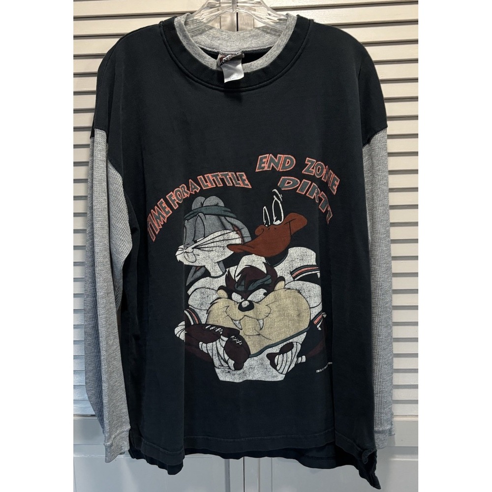 Vintage Jostens Looney Tunes Graphic Thermal Long Sleeve Crew Shirt 2N1 Sz L